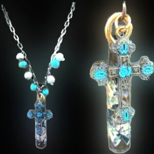 Art deco cross teal roses bullet casing pearls floral decoupage necklace NWT